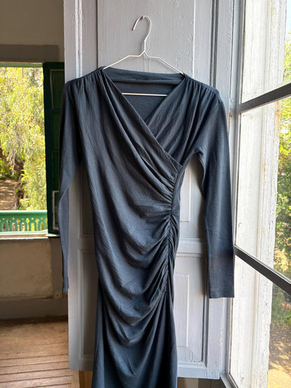 Etxart & Panno Wool Wrap Dress, Vintage Grey Bodycon Midi Dress, Minimalist Long Sleeve Dress, Office Chic, Made in Spain