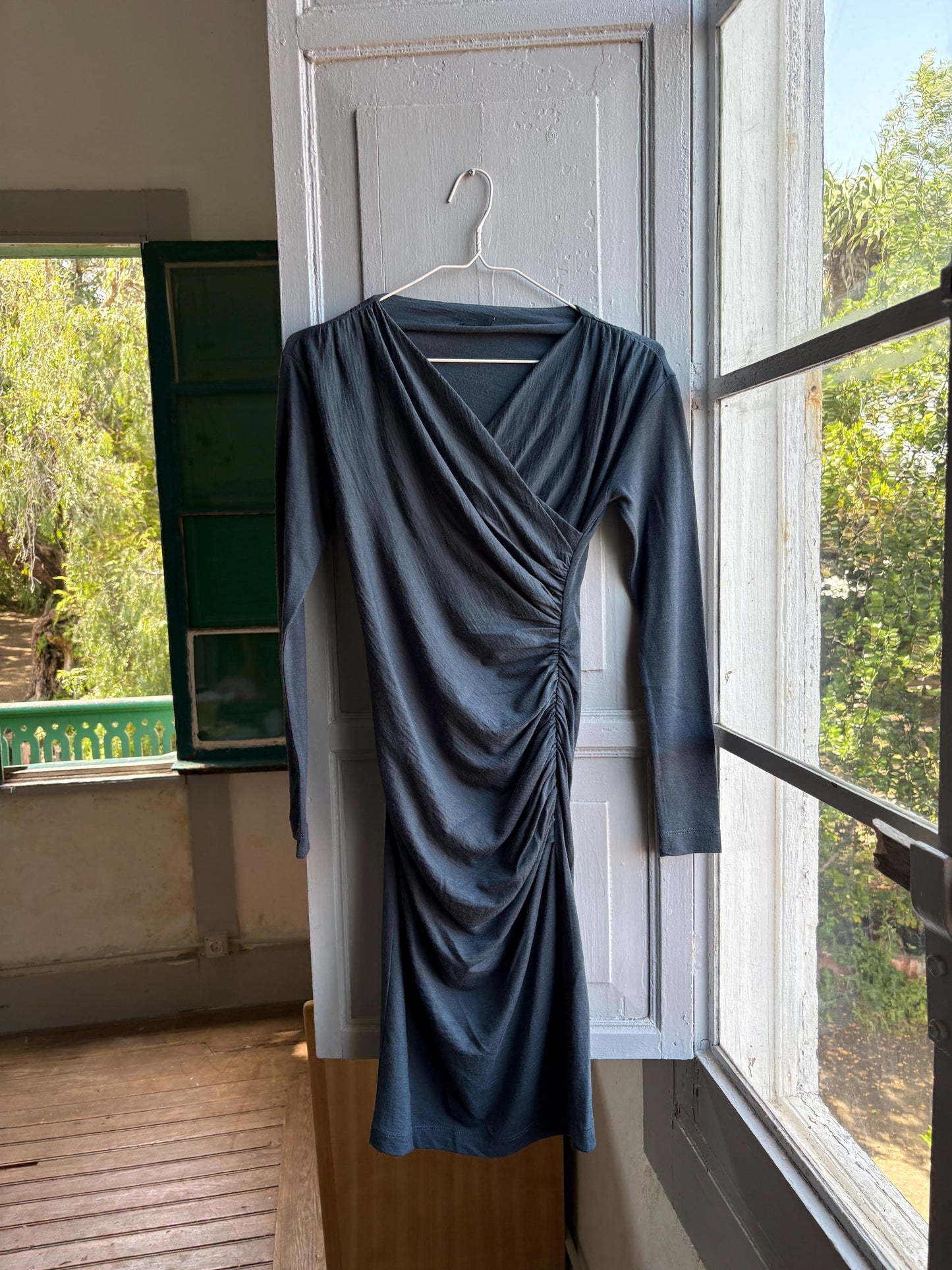 Etxart & Panno Wool Wrap Dress, Vintage Grey Bodycon Midi Dress, Minimalist Long Sleeve Dress, Office Chic, Made in Spain
