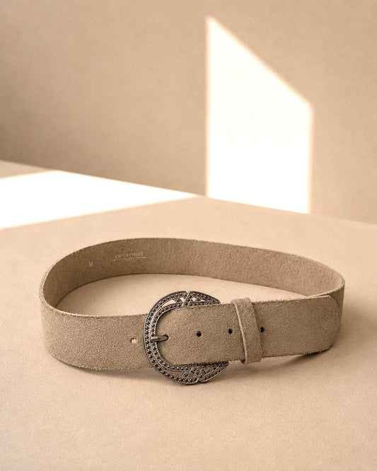 Beige Suede Leather Wide Belt With Silver Buckle