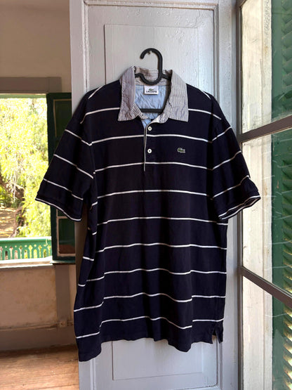 Vintage Lacoste Polo Shirt Men Navy Blue Striped Cotton Polo French Preppy Rugby Shirt Size 7