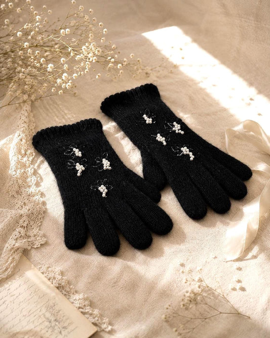 Black Lambswool Angora Pearl Beaded Gloves