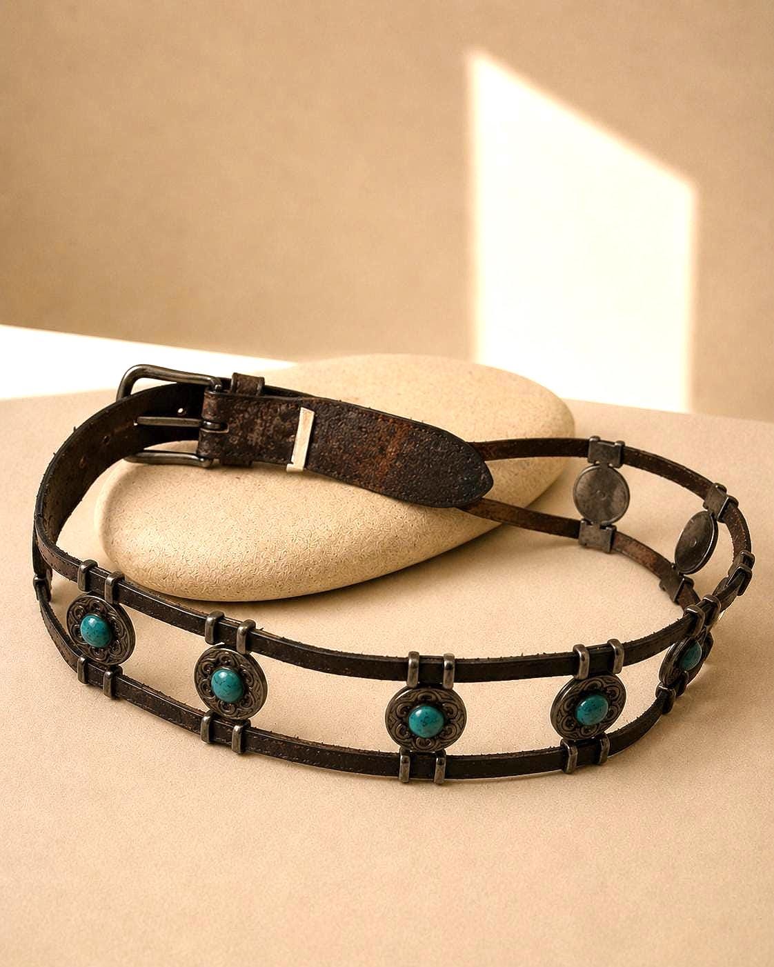 Turquoise Concho Brown Leather Boho Belt