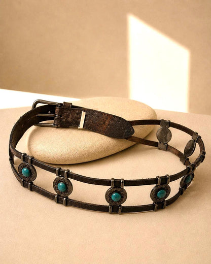 Turquoise Concho Brown Leather Boho Belt