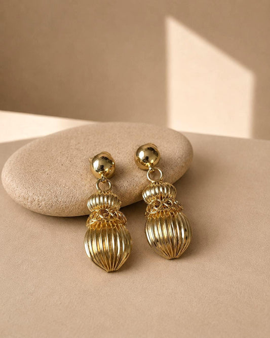 Vintage Gold Tone Statement Earrings, Large Dangle Clip On Earrings, Sculptural Retro Glam Party Wedding Jewellery Gift