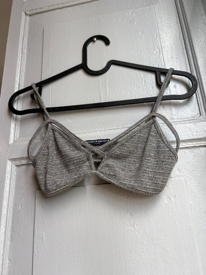 Grey Cotton Ribbed Bralette Crop Top — fabric close-up