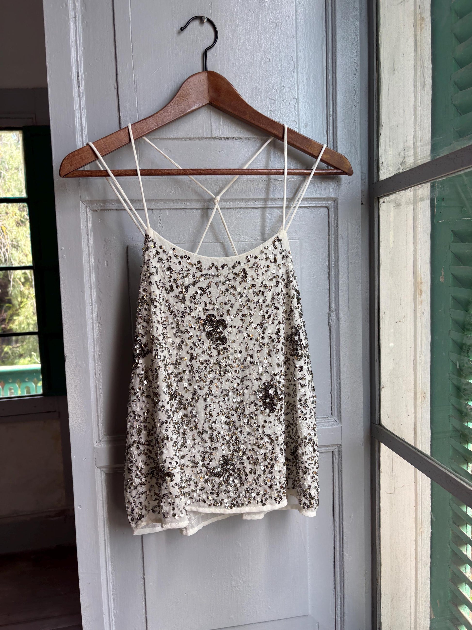 Floral Beaded Sequin Camisole Top — fabric close-up