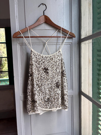 Floral Beaded Sequin Camisole Top — fabric close-up