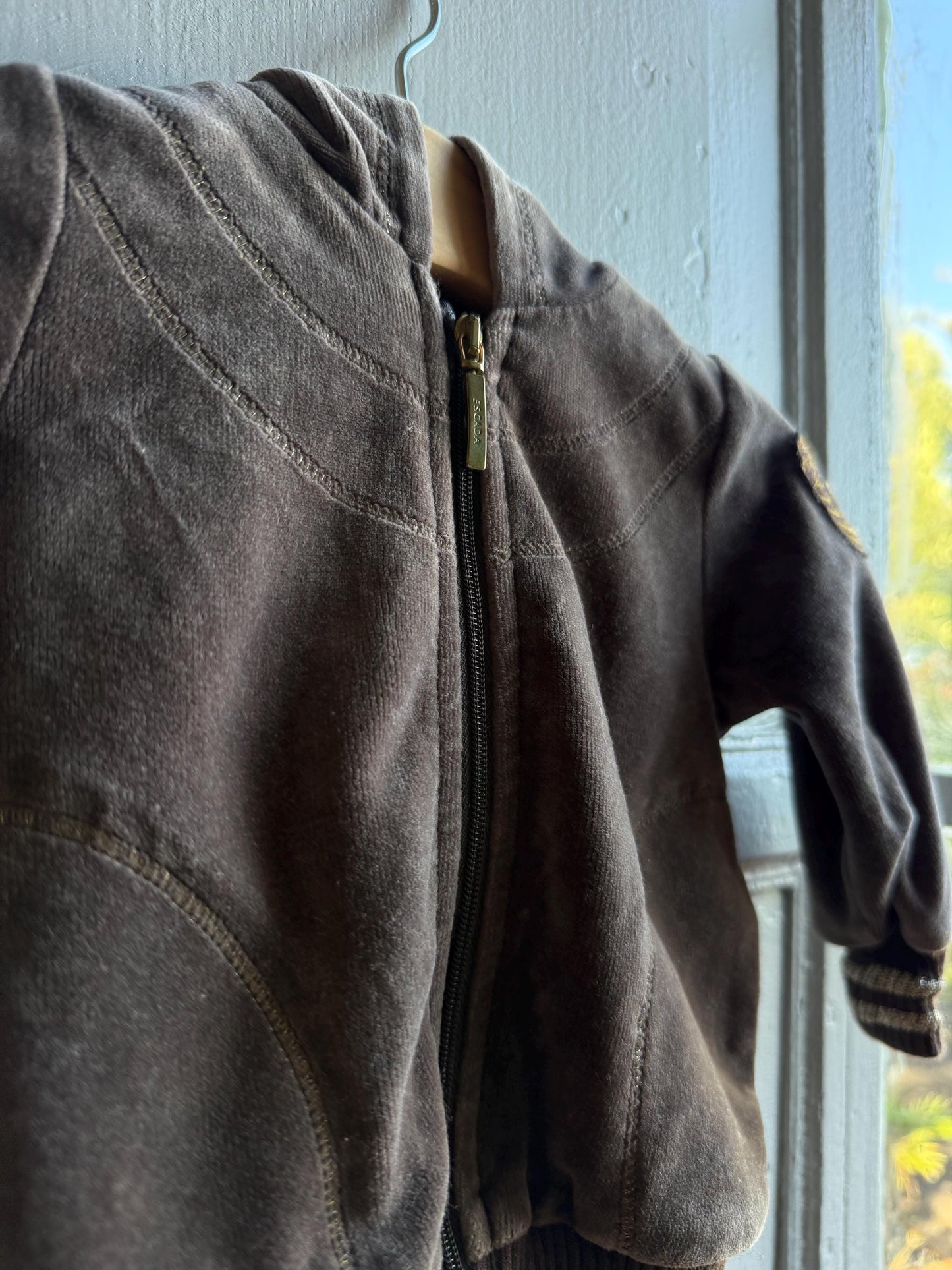 Escada Brown Velour Baby Hoodie — fabric close-up