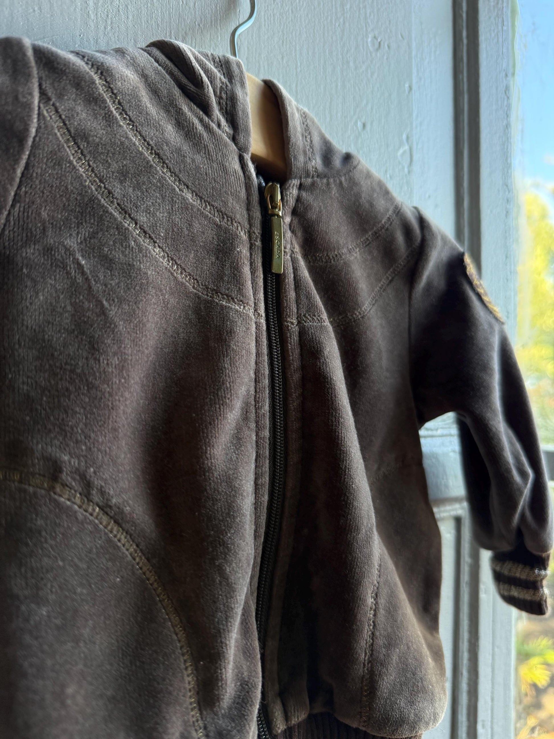 Escada Brown Velour Baby Hoodie — fabric close-up