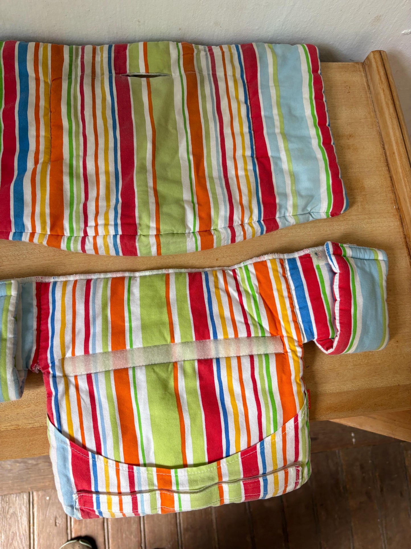 Stokke chair cushioning, striped, vibrant colors, baby carrier accessory