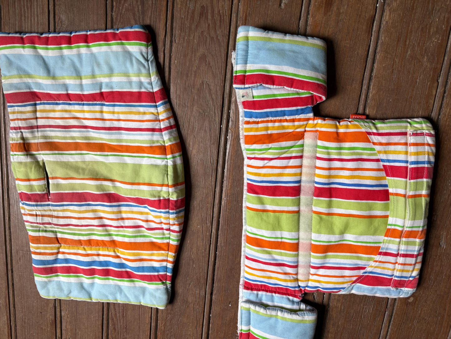 Stokke chair cushioning, striped, vibrant colors, baby carrier accessory