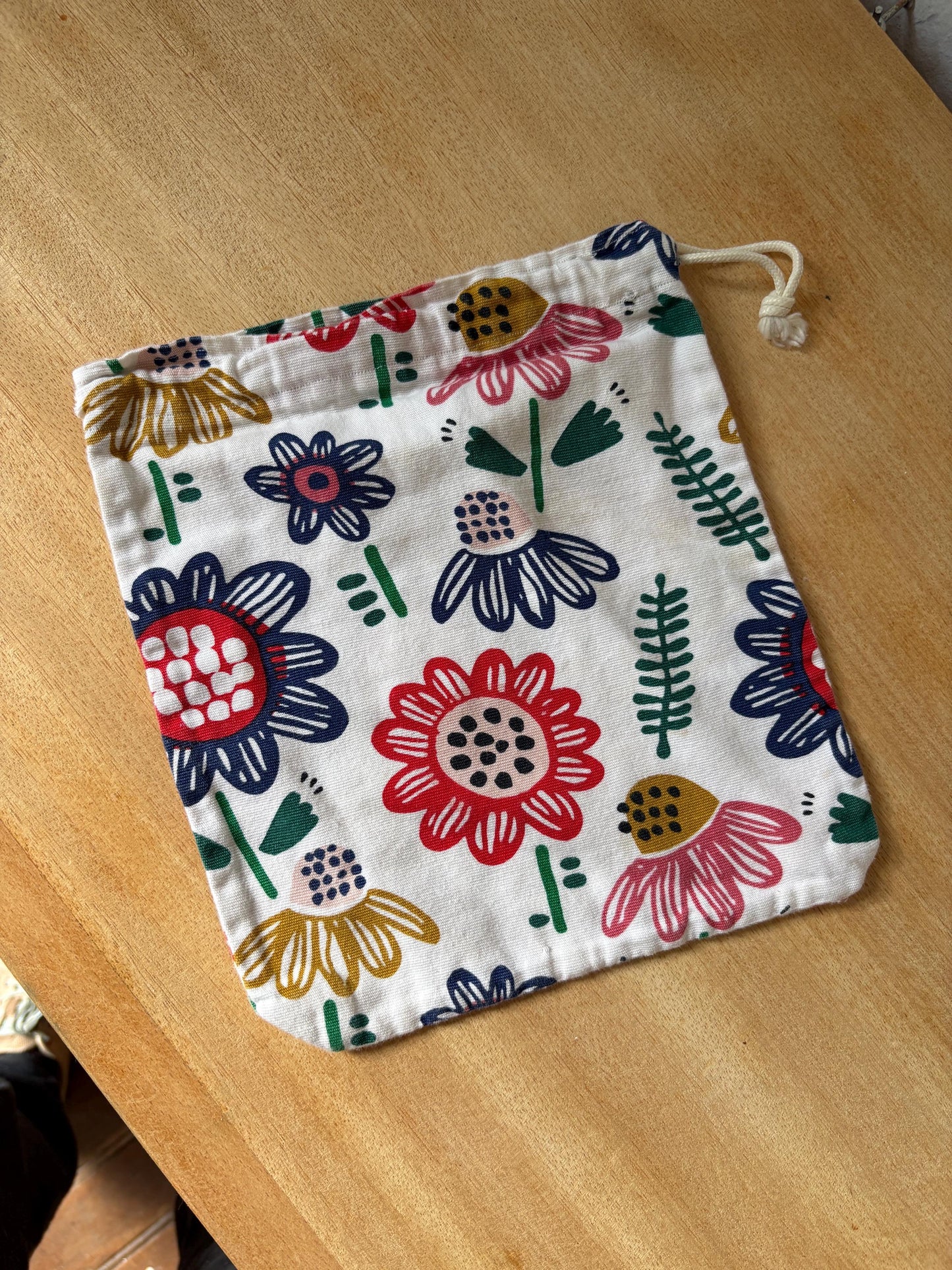Handmade Organic Cotton Drawstring Pouch, Floral Gift Bag,  Sustainable Storage Bag. Reusable Fabric Bag,