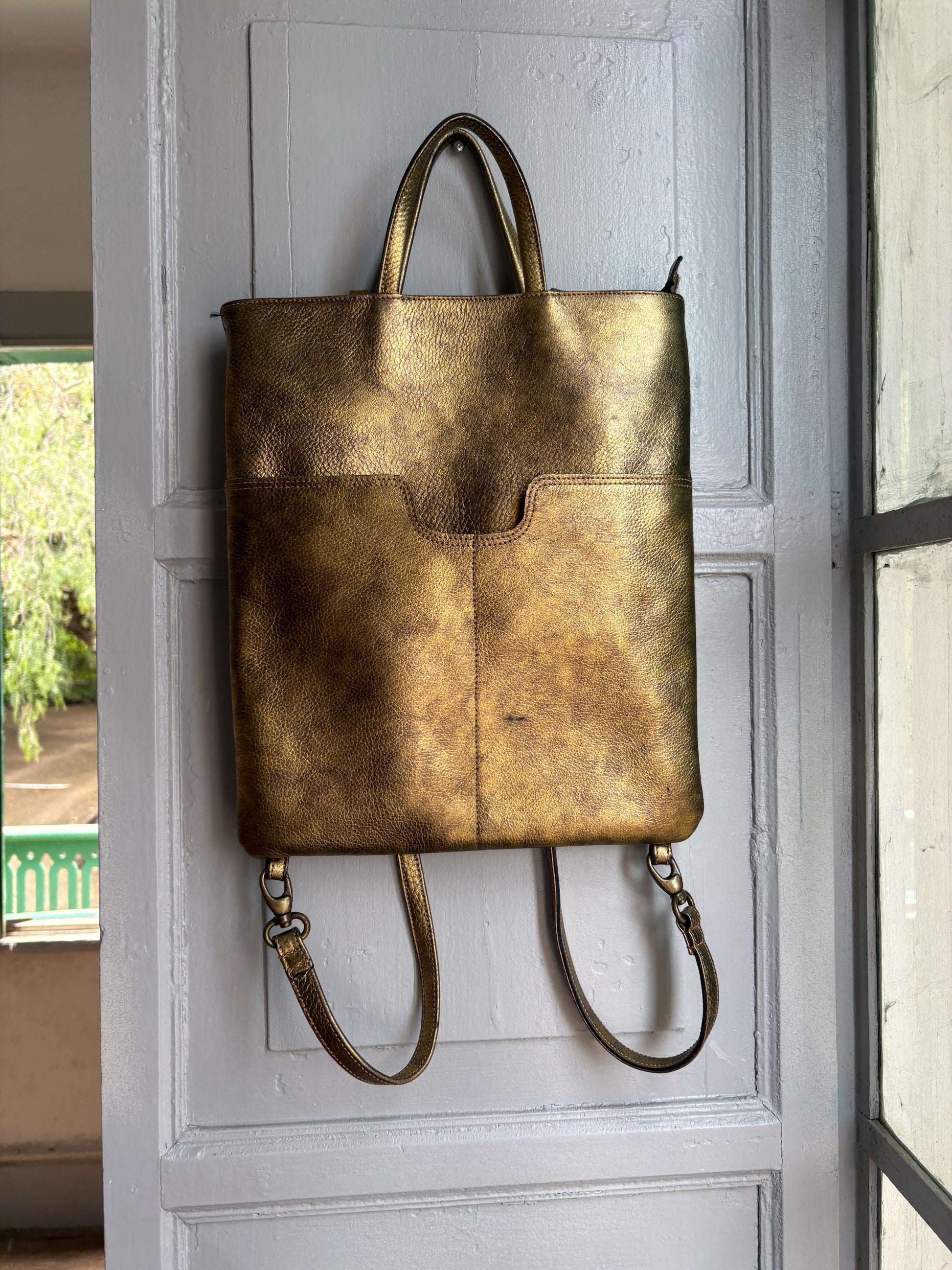 Gold Leather Metallic Convertible Backpack — additional view 5