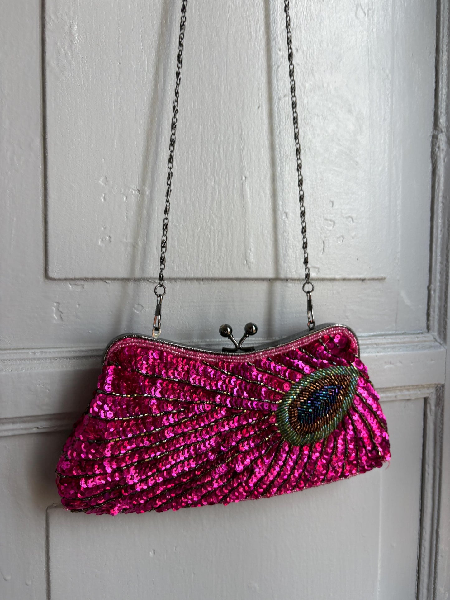 Hot Pink Sequin Evening Bag — fabric close-up