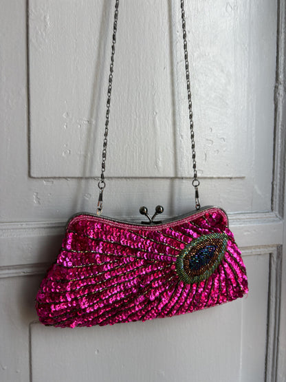 Hot Pink Sequin Evening Bag — fabric close-up