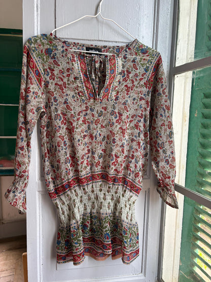 Boho Festival Tunic, Paisley Floral Beach Cover Up, Sheer Summer Blouse, Hippie Ibiza Top, Size S