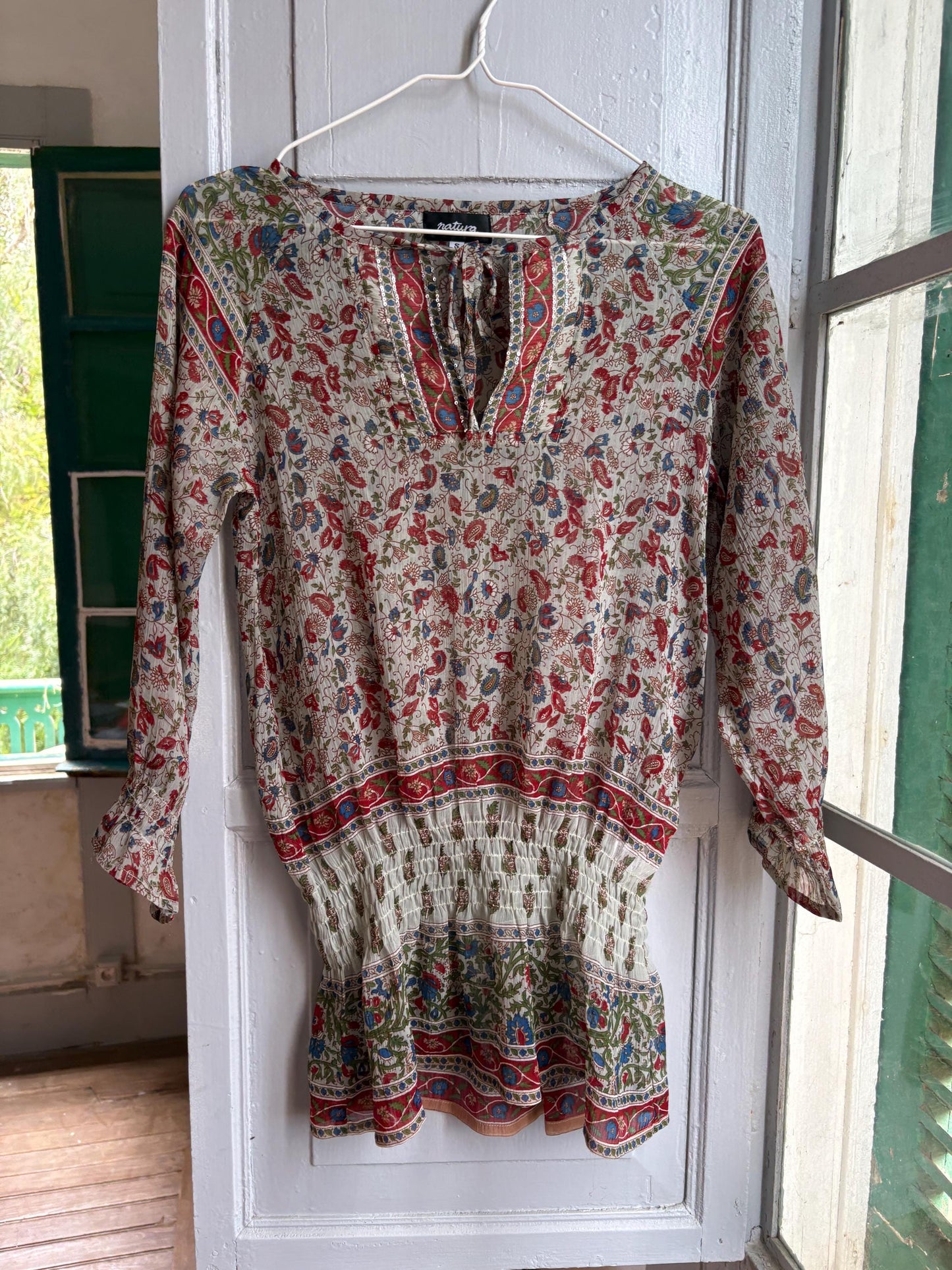 Boho Festival Tunic, Paisley Floral Beach Cover Up, Sheer Summer Blouse, Hippie Ibiza Top, Size S