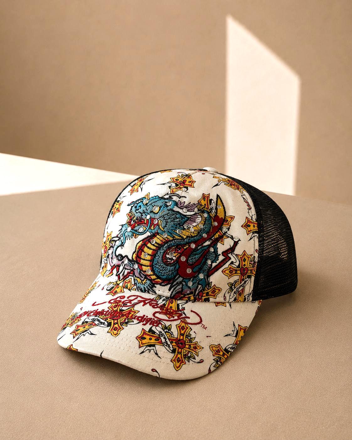 Ed Hardy White Tattoo Trucker Cap — fabric close-up