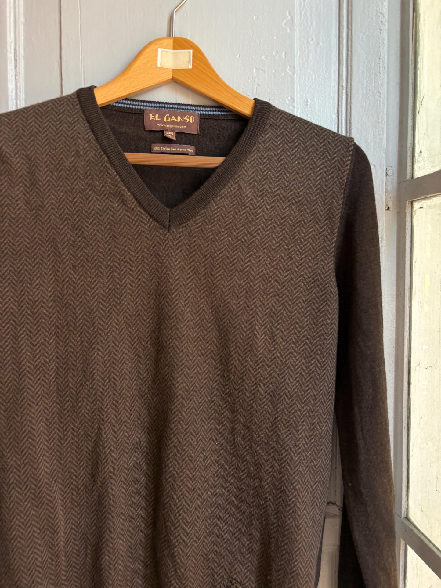 Merino Wool men Jumper, Brown V Neck Sweater, Italian Fine Merino Wool Preppy Old Money Luxury Knit, Winter Pullover