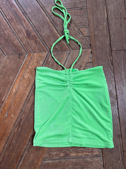 Y2K Lime Green Halter Top With Gemstone Straps — fabric close-up
