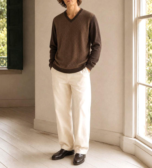Brown Merino Wool V-Neck Jumper