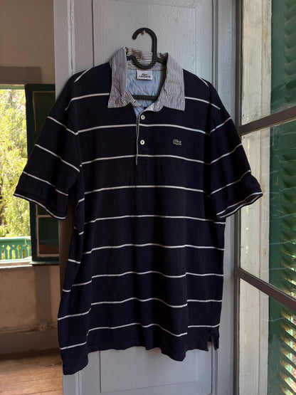 Navy Blue Striped Vintage Lacoste Polo Shirt — fabric close-up