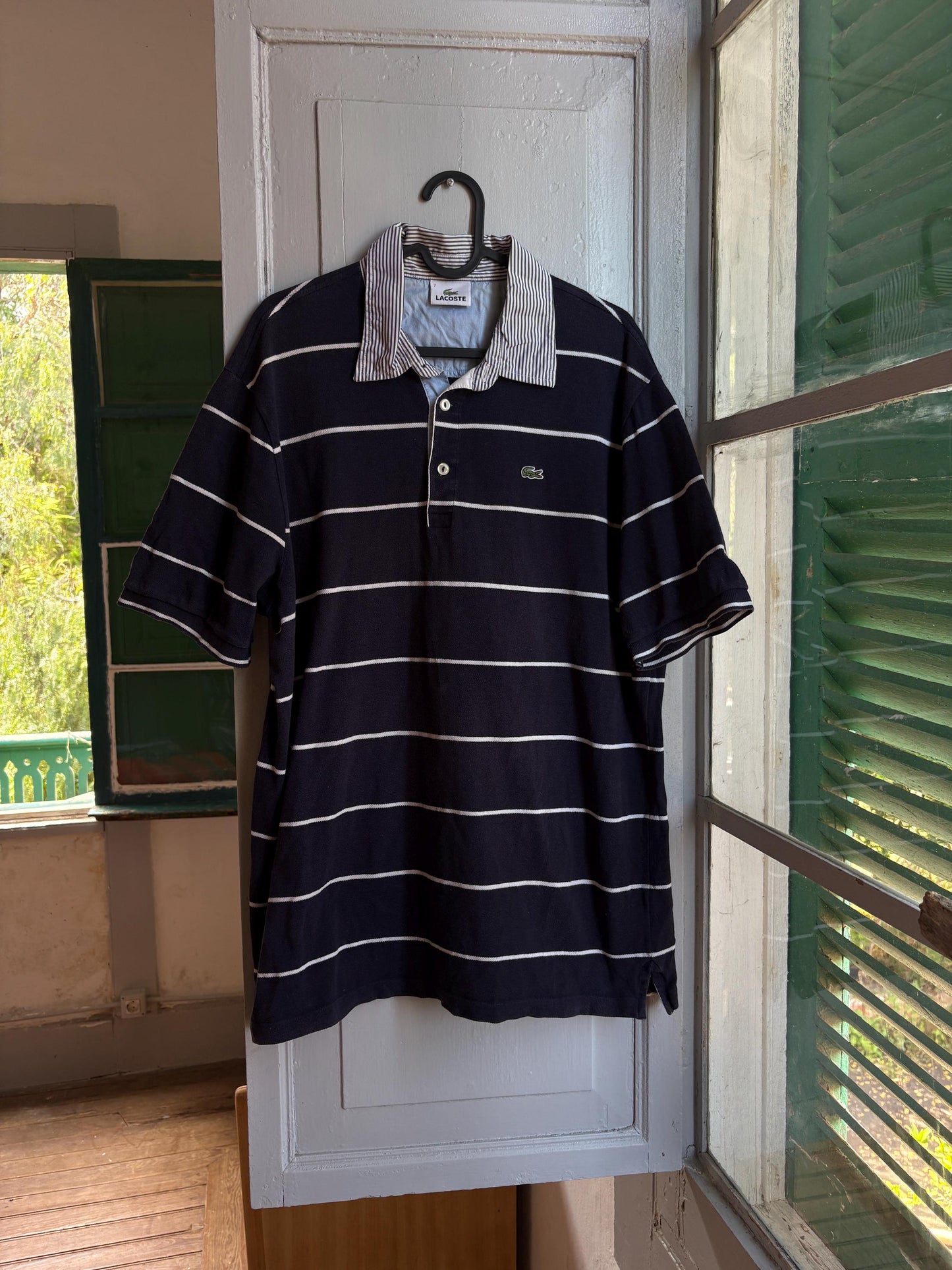 Vintage Lacoste Polo Shirt Men Navy Blue Striped Cotton Polo French Preppy Rugby Shirt Size 7