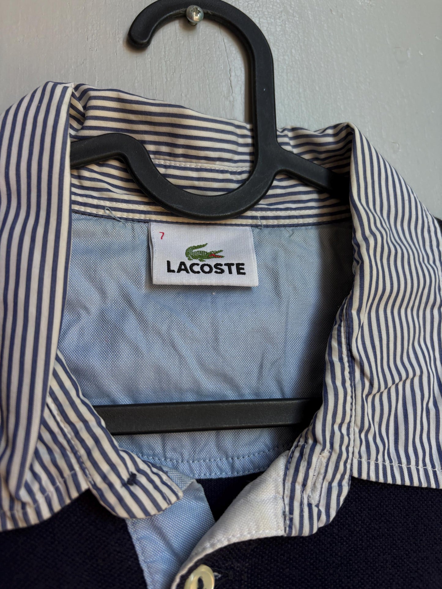 Vintage Lacoste Polo Shirt Men Navy Blue Striped Cotton Polo French Preppy Rugby Shirt Size 7