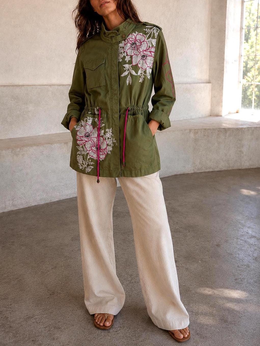 Floral Green Cotton Utility Jacket