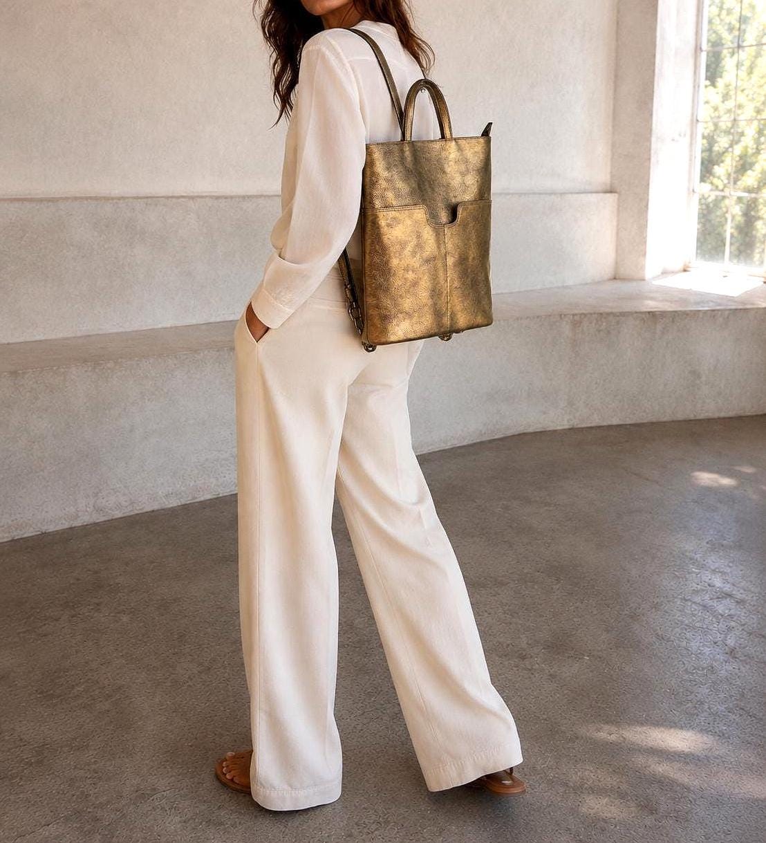 Gold Leather Metallic Convertible Backpack