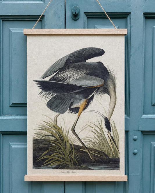 Linen Blue Heron Wall Hanging, Vintage Natural History Decor