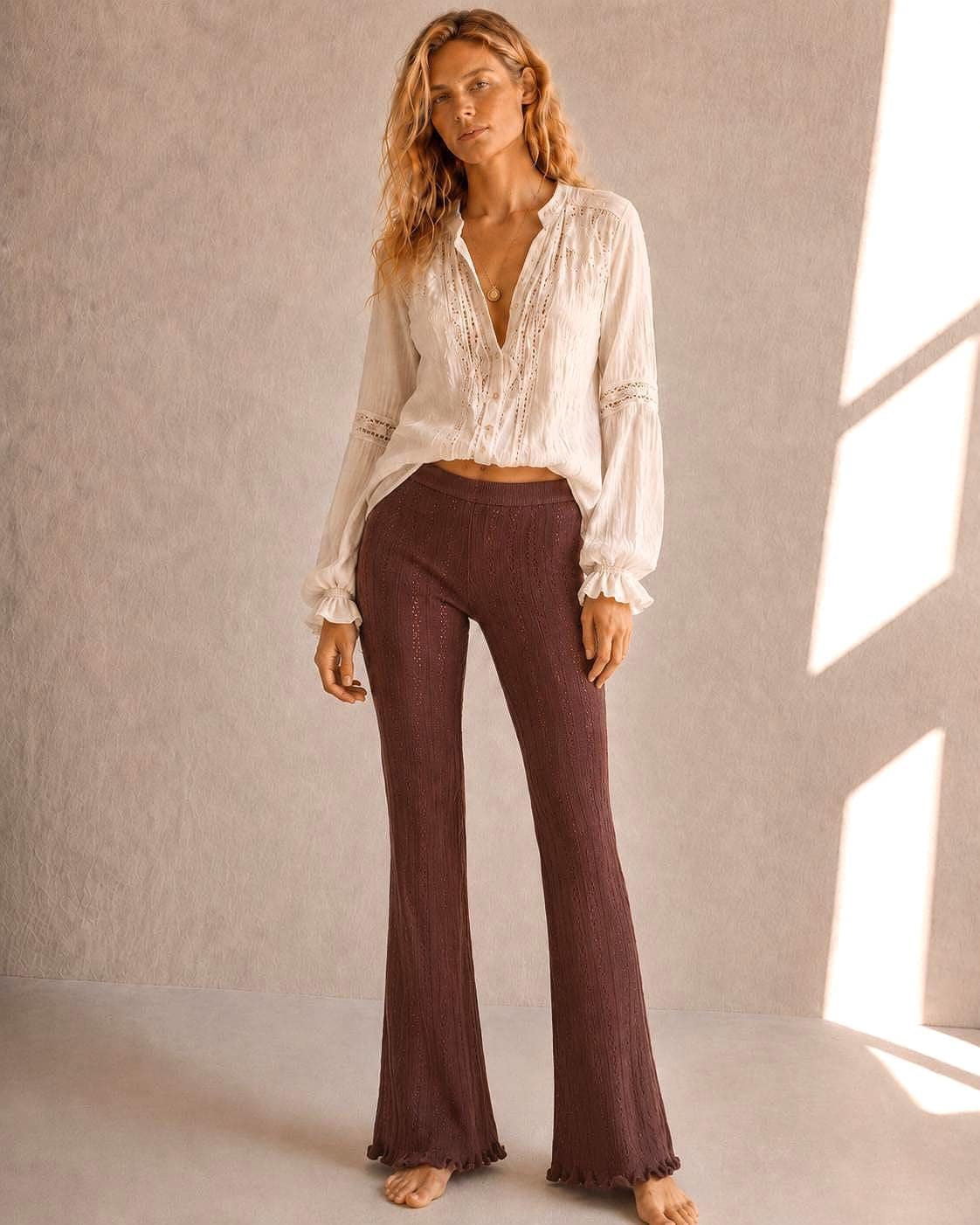 Brown Pointelle Knit Pants, Stretch Cotton Lounge Trousers, Boho Flare Festival pants,  Hippie Chic bottoms, Size XS S