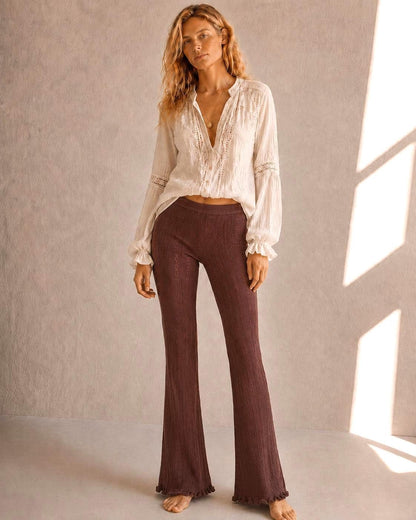Brown Pointelle Knit Pants, Stretch Cotton Lounge Trousers, Boho Flare Festival pants,  Hippie Chic bottoms, Size XS S