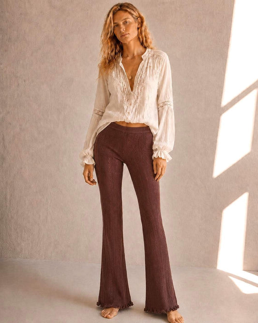 Brown Pointelle Knit Pants, Stretch Cotton Lounge Trousers, Boho Flare Festival pants,  Hippie Chic bottoms, Size XS S