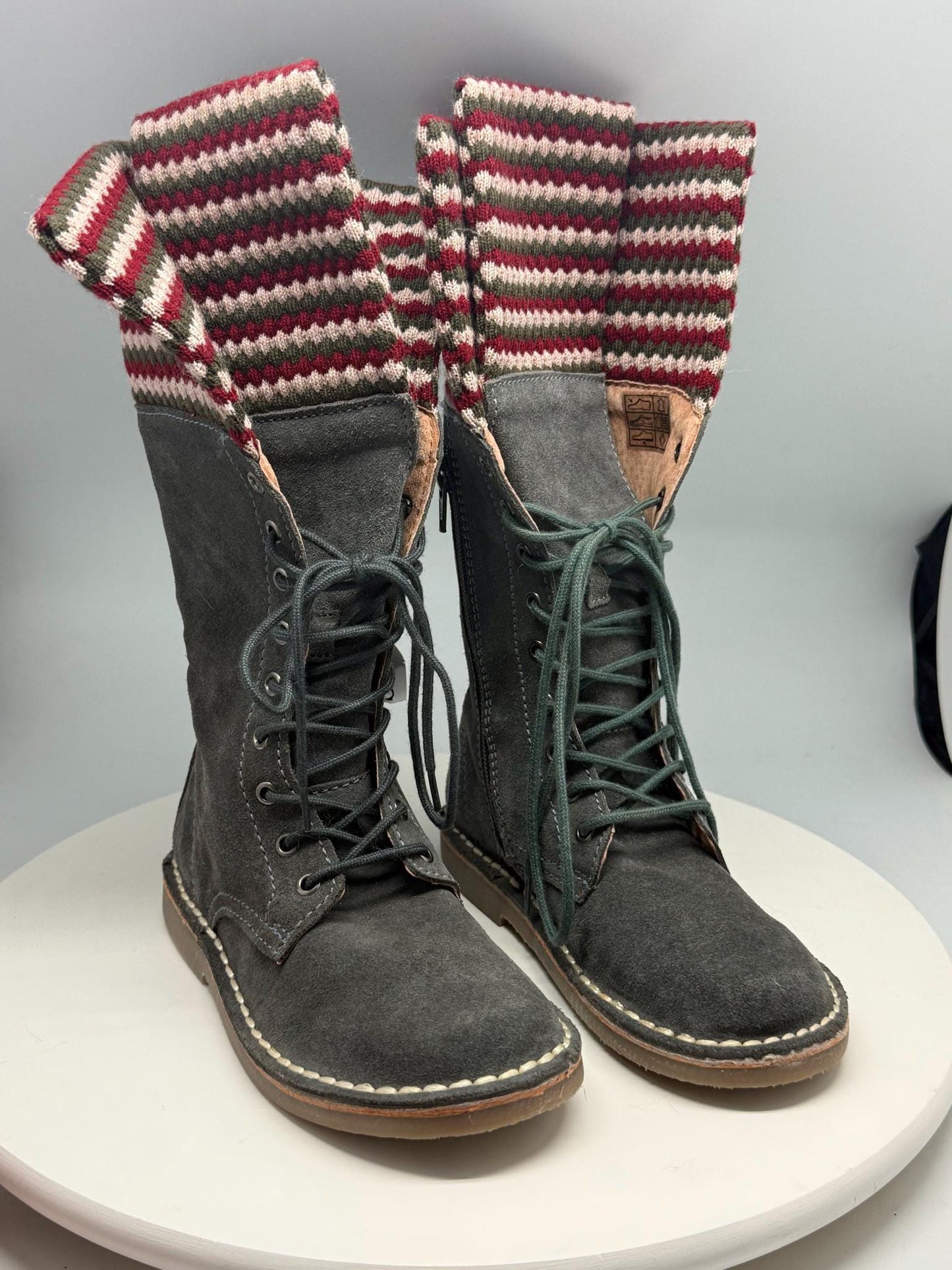 Georges Rech Girls Grey Suede Leather Lace-Up Boots EU 32 – Fold-Over Knitted Cuff – Unworn