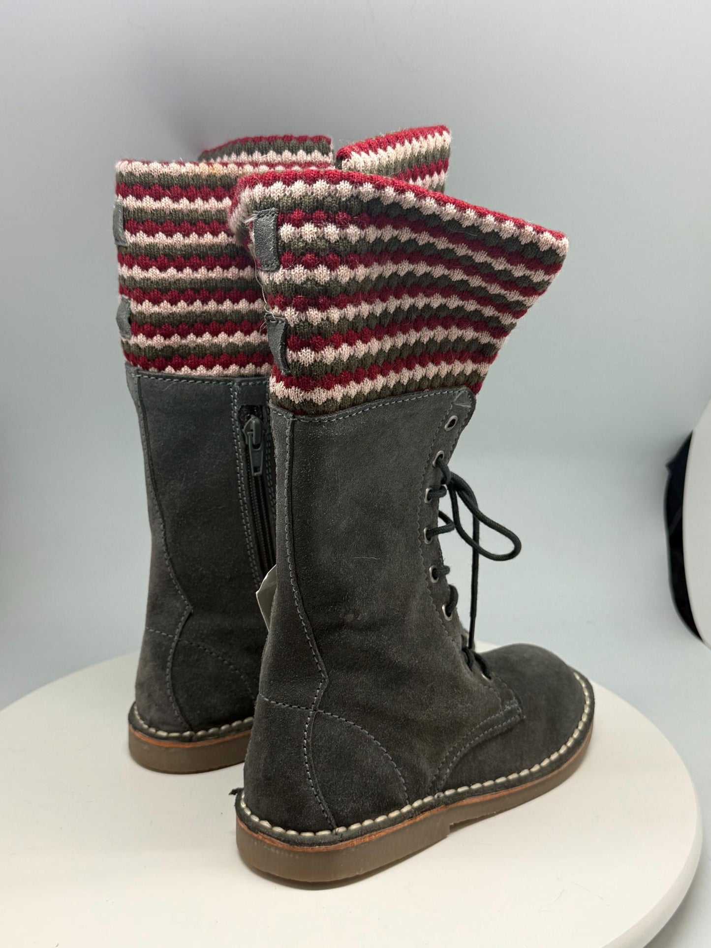 Georges Rech Girls Grey Suede Leather Lace-Up Boots EU 32 – Fold-Over Knitted Cuff – Unworn