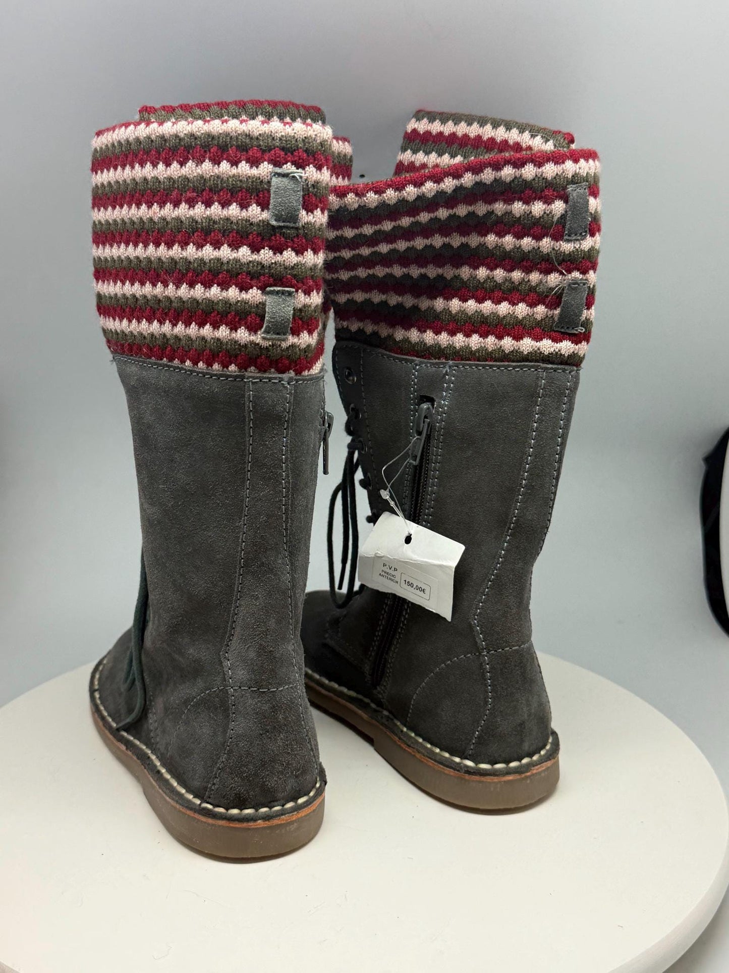 Georges Rech Girls Grey Suede Leather Lace-Up Boots EU 32 – Fold-Over Knitted Cuff – Unworn