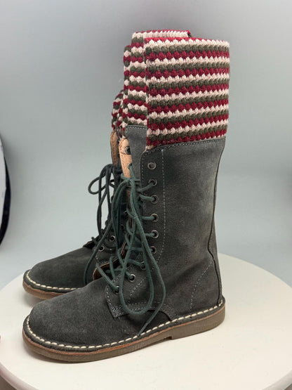 Georges Rech Girls Grey Suede Leather Lace-Up Boots EU 32 – Fold-Over Knitted Cuff – Unworn