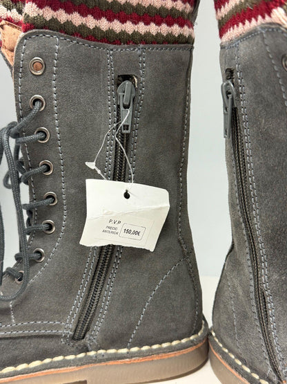Georges Rech Girls Grey Suede Leather Lace-Up Boots EU 32 – Fold-Over Knitted Cuff – Unworn
