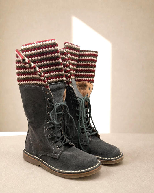 Georges Rech Girls Grey Suede Leather Lace-Up Boots EU 32 – Fold-Over Knitted Cuff – Unworn