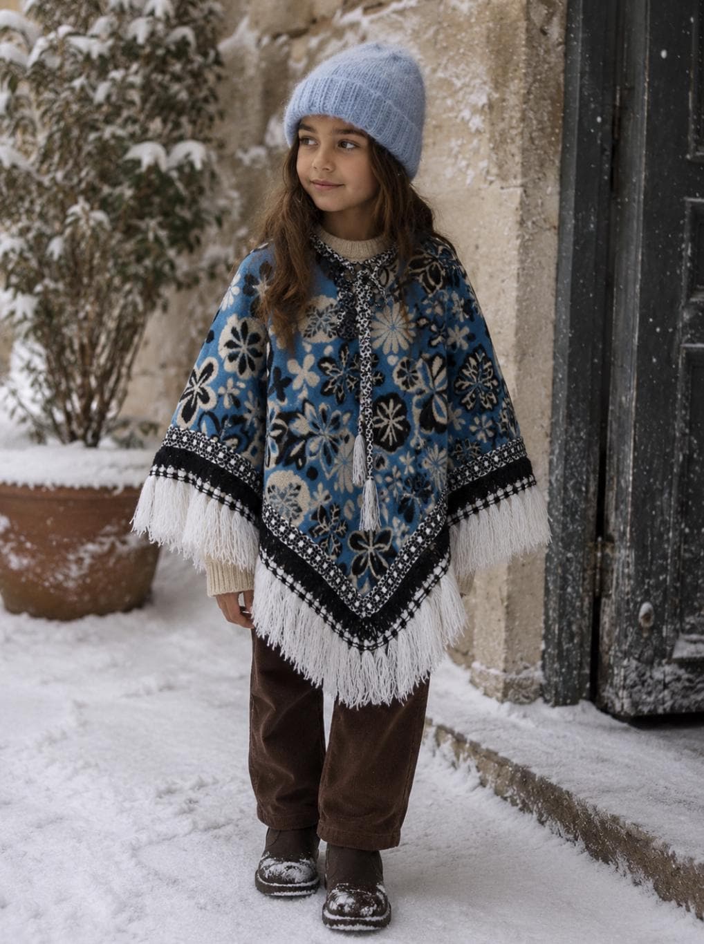 Kids floral poncho, blue wool blend, vintage style, artisan made, Spain