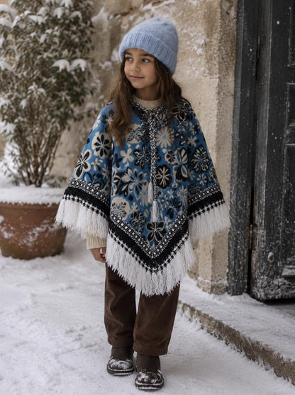 Kids floral poncho, blue wool blend, vintage style, artisan made, Spain