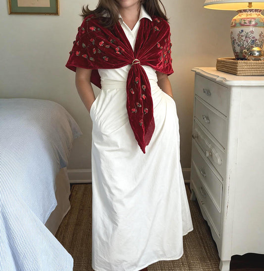 Vintage Burgundy 100 % Silk Velvet Triangle Shawl | Embroidered Ribbon Roses and Beads | Cottagecore Evening Wrap Scarf