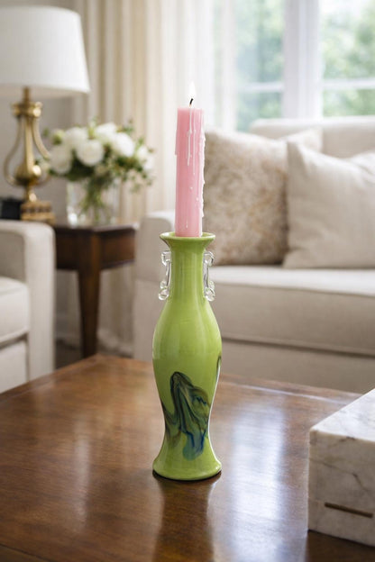 Green Glass Candle Holder, 23cm Artistic Design