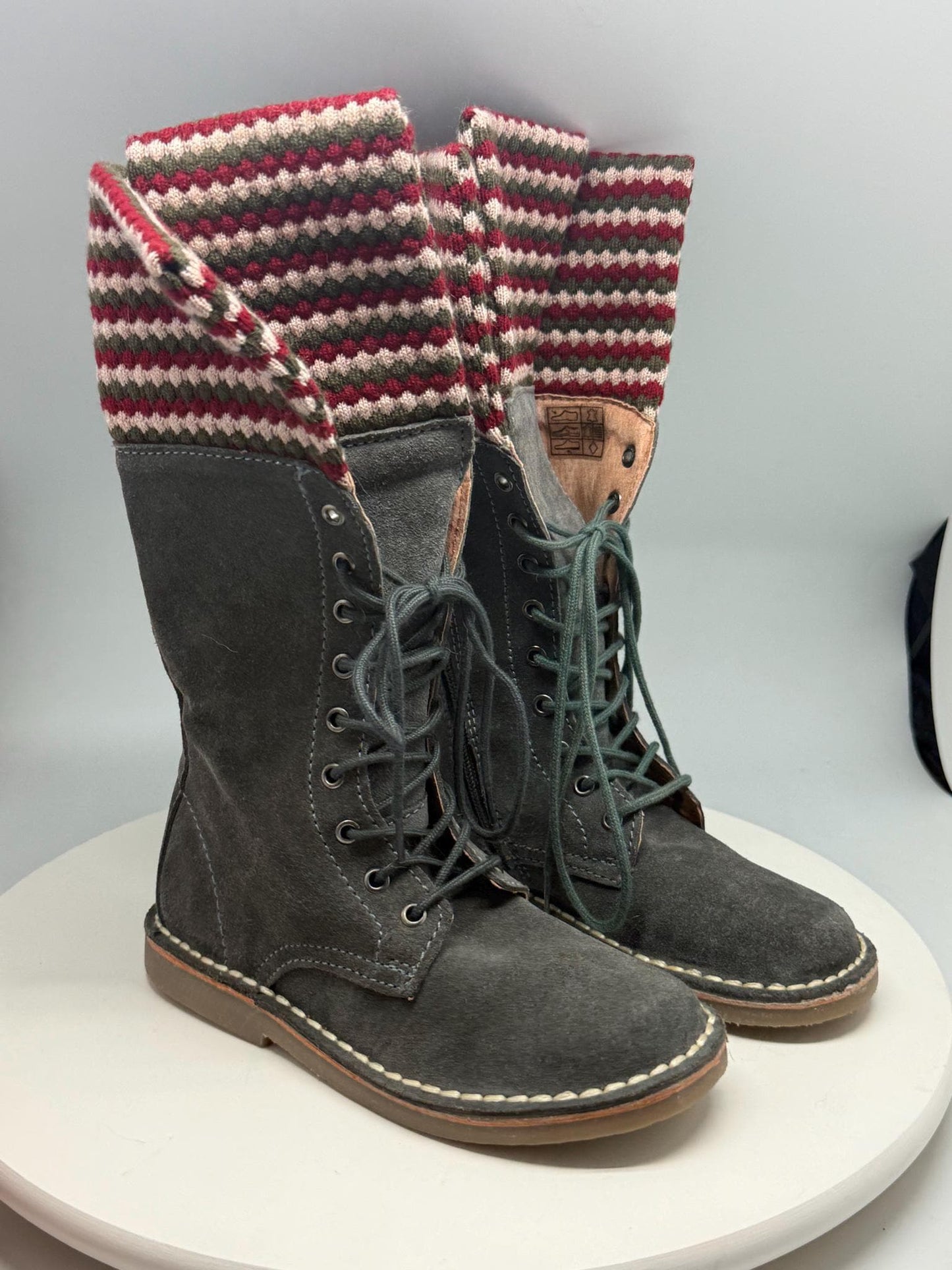 Georges Rech Girls Grey Suede Leather Lace-Up Boots EU 32 – Fold-Over Knitted Cuff – Unworn