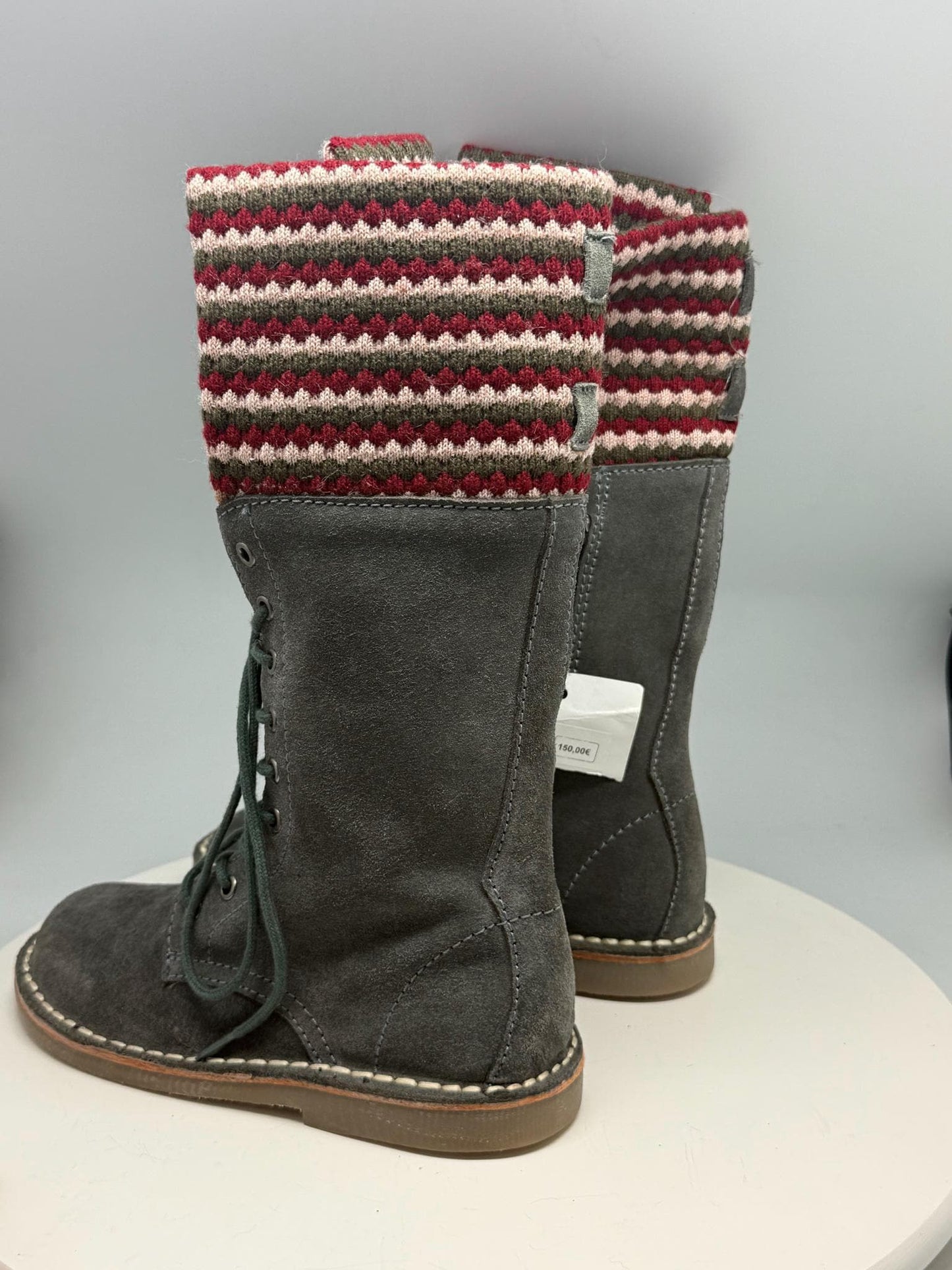 Georges Rech Girls Grey Suede Leather Lace-Up Boots EU 32 – Fold-Over Knitted Cuff – Unworn