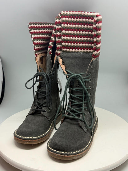 Georges Rech Girls Grey Suede Leather Lace-Up Boots EU 32 – Fold-Over Knitted Cuff – Unworn