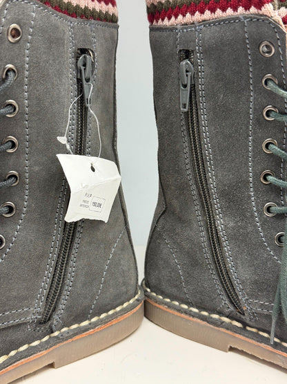Georges Rech Girls Grey Suede Leather Lace-Up Boots EU 32 – Fold-Over Knitted Cuff – Unworn