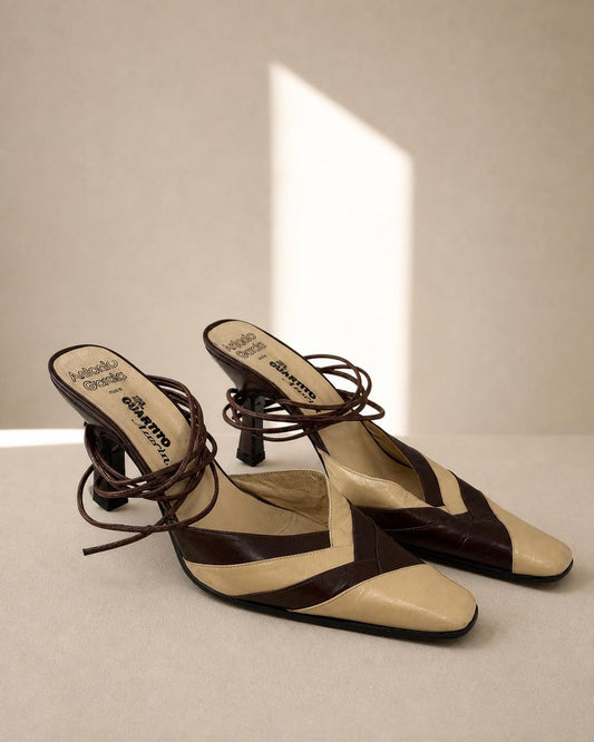 Vintage Antonio Garcia Leather Pumps EU 39 | Brown & Cream Y2K Lace-Up Heels | Pointed Toe Spanish Shoes | Artesania Elda