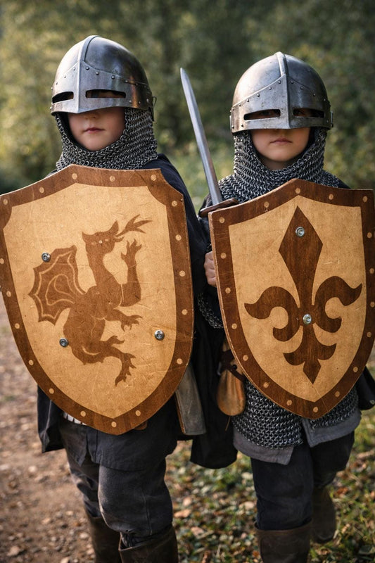 Vintage Wooden Knight Shields Set, Waldorf Wooden Toys, Medieval Pretend Play, Montessori Dress Up, Castle Decor, Kids Shields